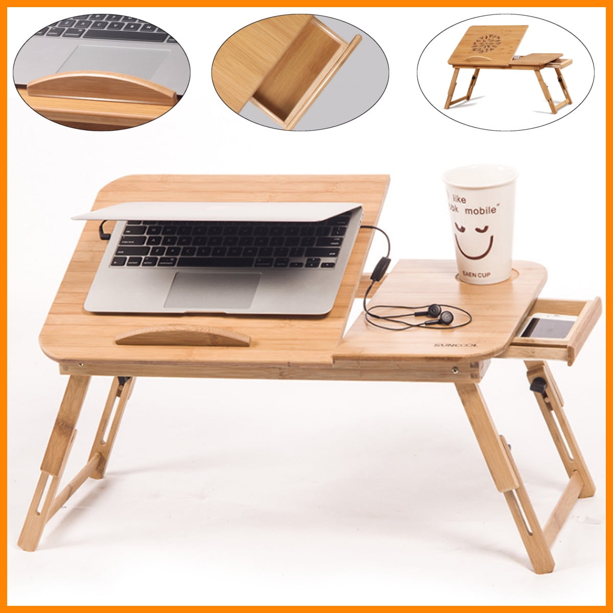 Portable Folding Bamboo Laptop Table Stand Sofa Bed Office Desk Tray