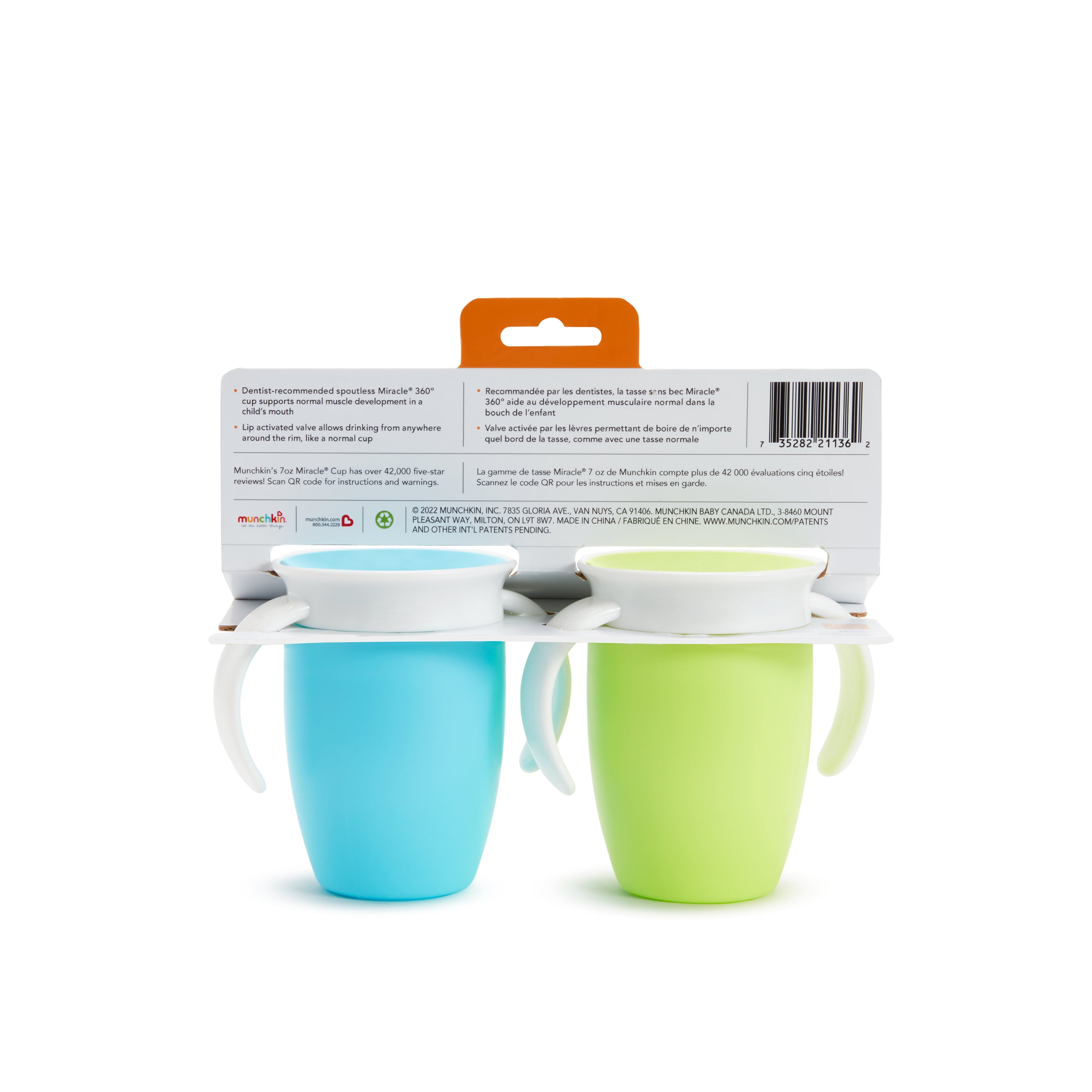 Munchkin Miracle 360° Trainer Sippy Cup with Handles, Spill Proof, 7 oz, 2 Pack, Blue/Green, Unisex