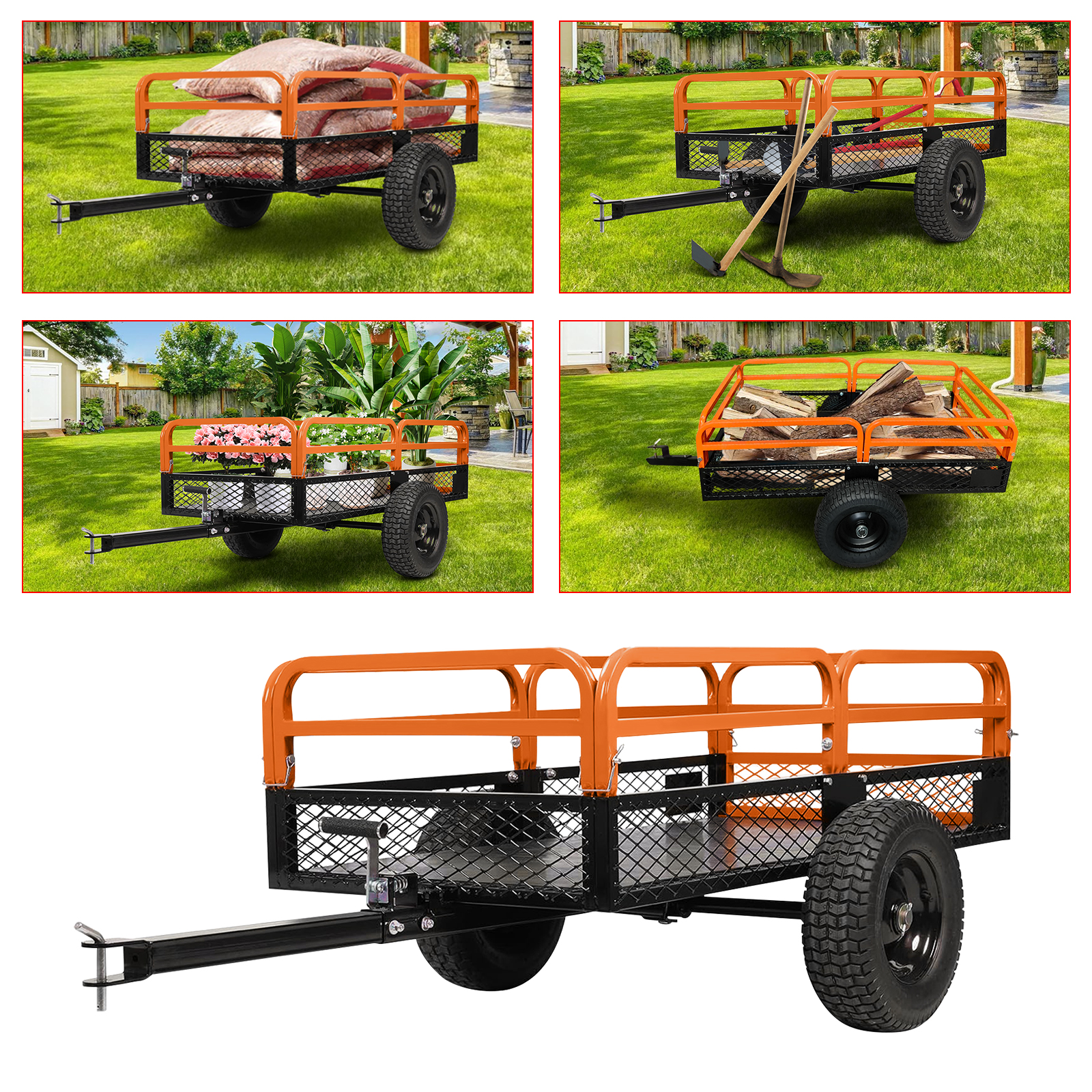 Heavy Duty ATV Trailer, Steel Tow Behind Dump Cart, 750 Lbs Garden Utility Carts with Removable Sides, 15 Cu.Ft. Utility Trailer for Lawn/Garden Mower, Tractor, ATV, UTV