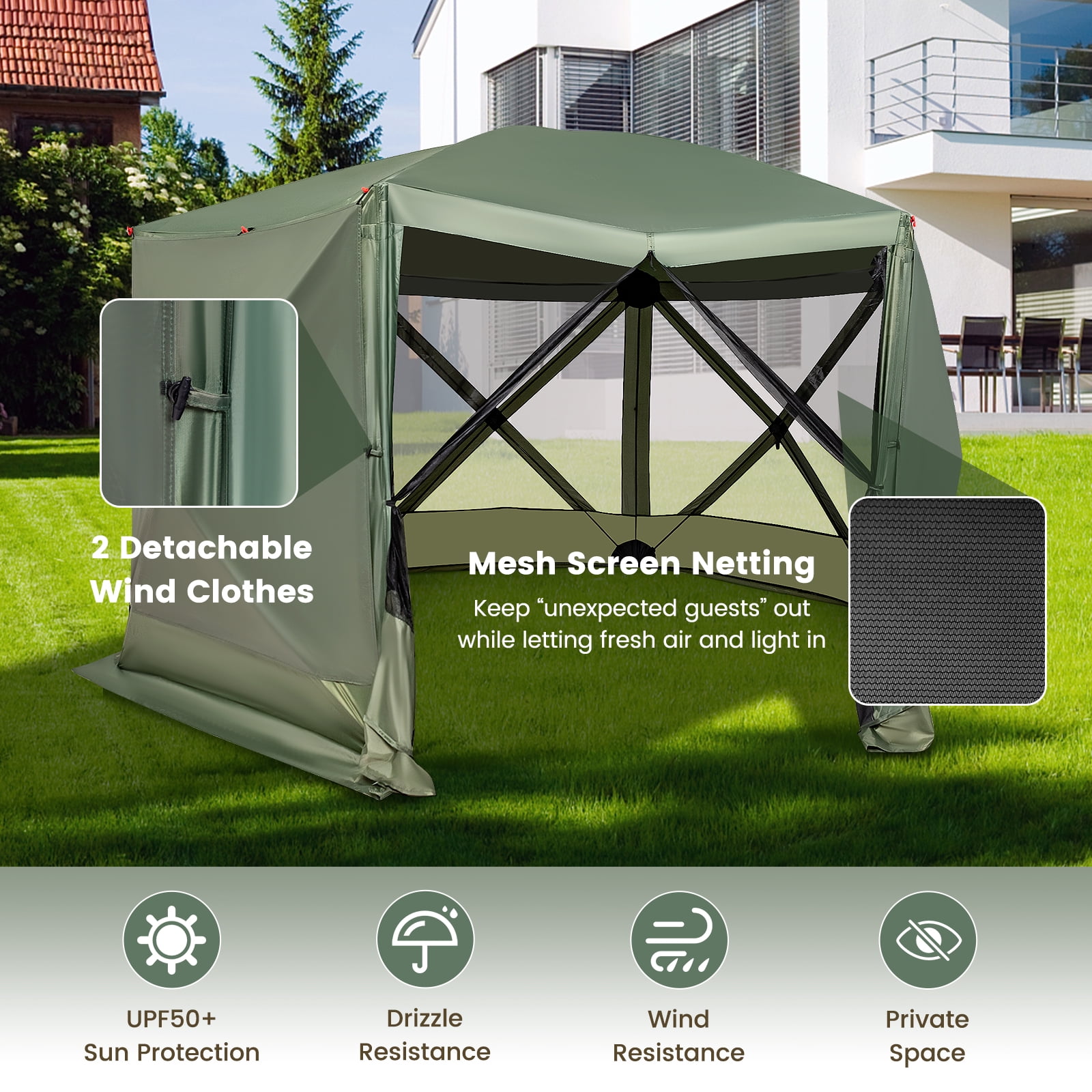 Costway 11.5 X 11.5 FT 6-Sided Pop-up Screen House Tent With 2 Wind Panels for Camping Green