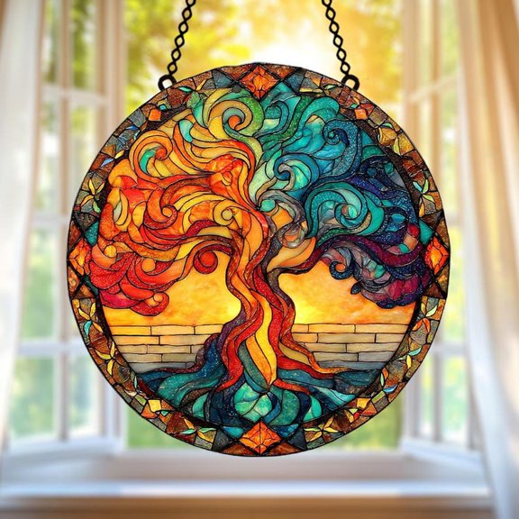 Vibrant Tree of Life Faux Stained Glass Suncatcher – Tree of Life Acrylic Hanging Art for Window or Wall, Symbolic Decor for Peaceful Spaces