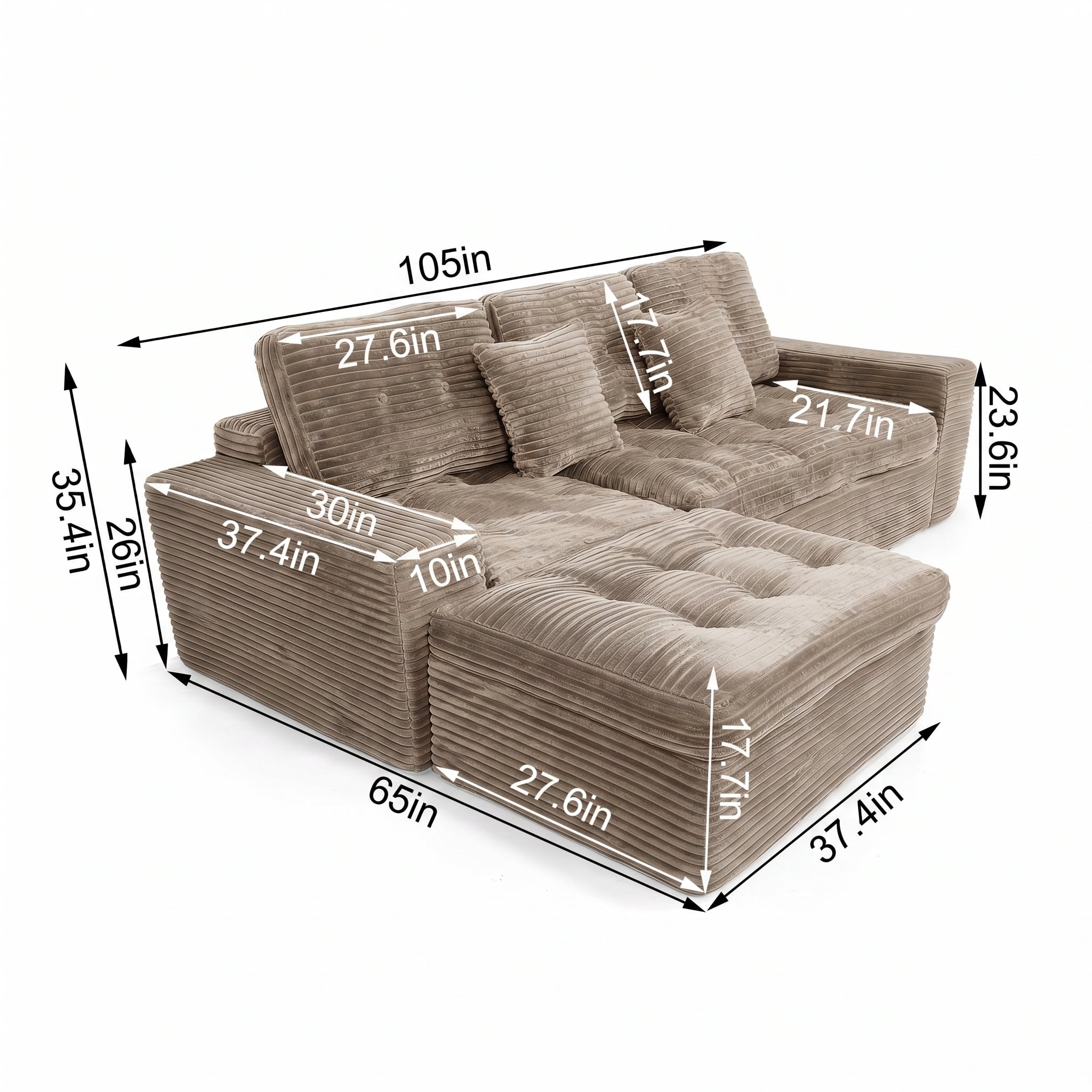 Aisword 105"W Modular Cloud Sectional Sofa with Ottoman,Faux Rabbit Fur Velvet Frameless Sectional Sofa Couch for Living Room,Khaki