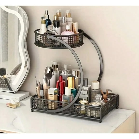 2-Tier Varnished Metal Cosmetic Organizer With Round Baskets - Lightweight, Welded Construction & Anti-Rust Finish, Space-Saving Vanity Storage Rack For Lipstick, Perfume, Skincare Products