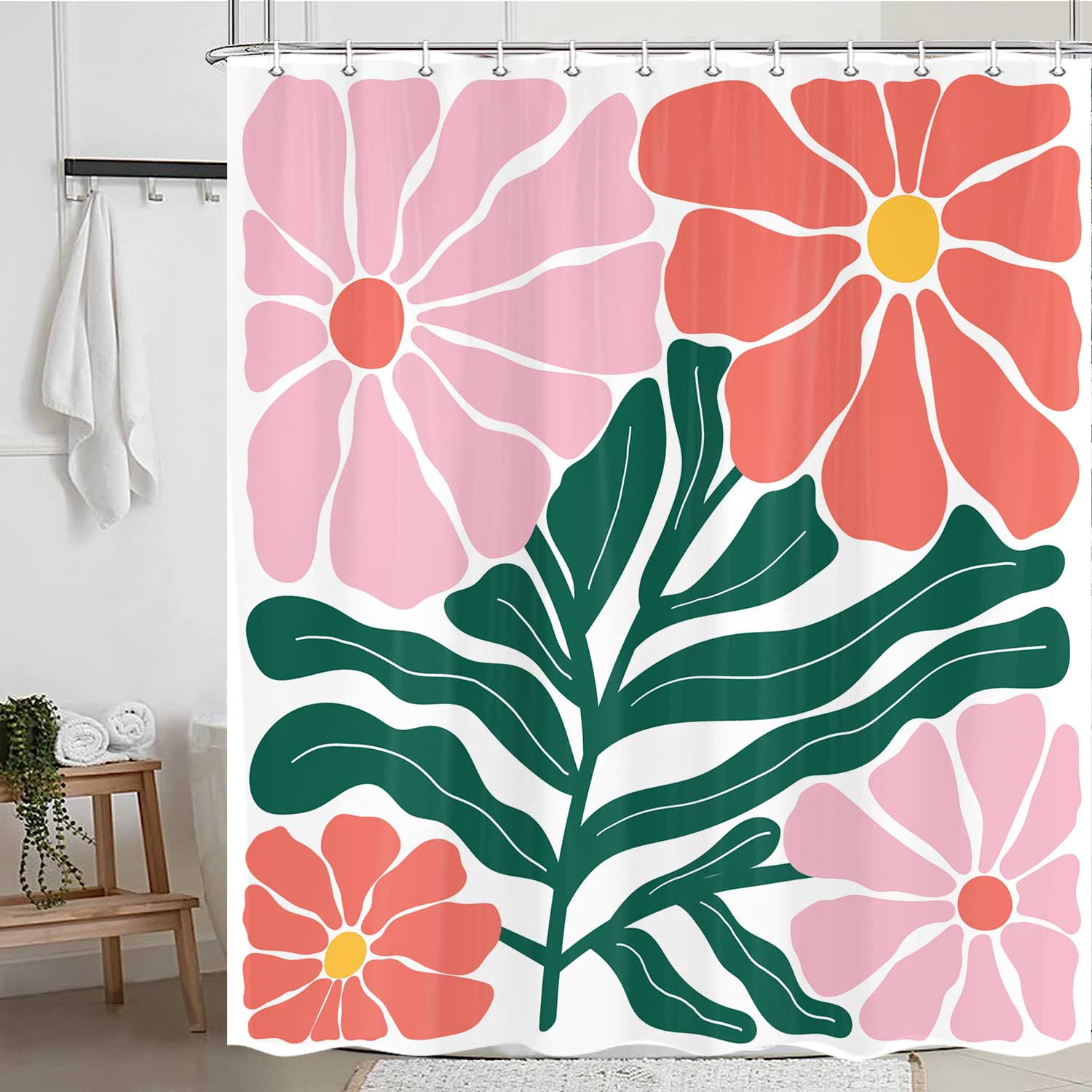 Retro Boho Floral Abstract Shower Curtain, 60s 70s Mid Century Vintage Cute Pink Flower Botanical Shower Curtain for Bathroom, Modern Minimal Style Fabric Bath Curtain Set Decor with Hooks 69X70IN