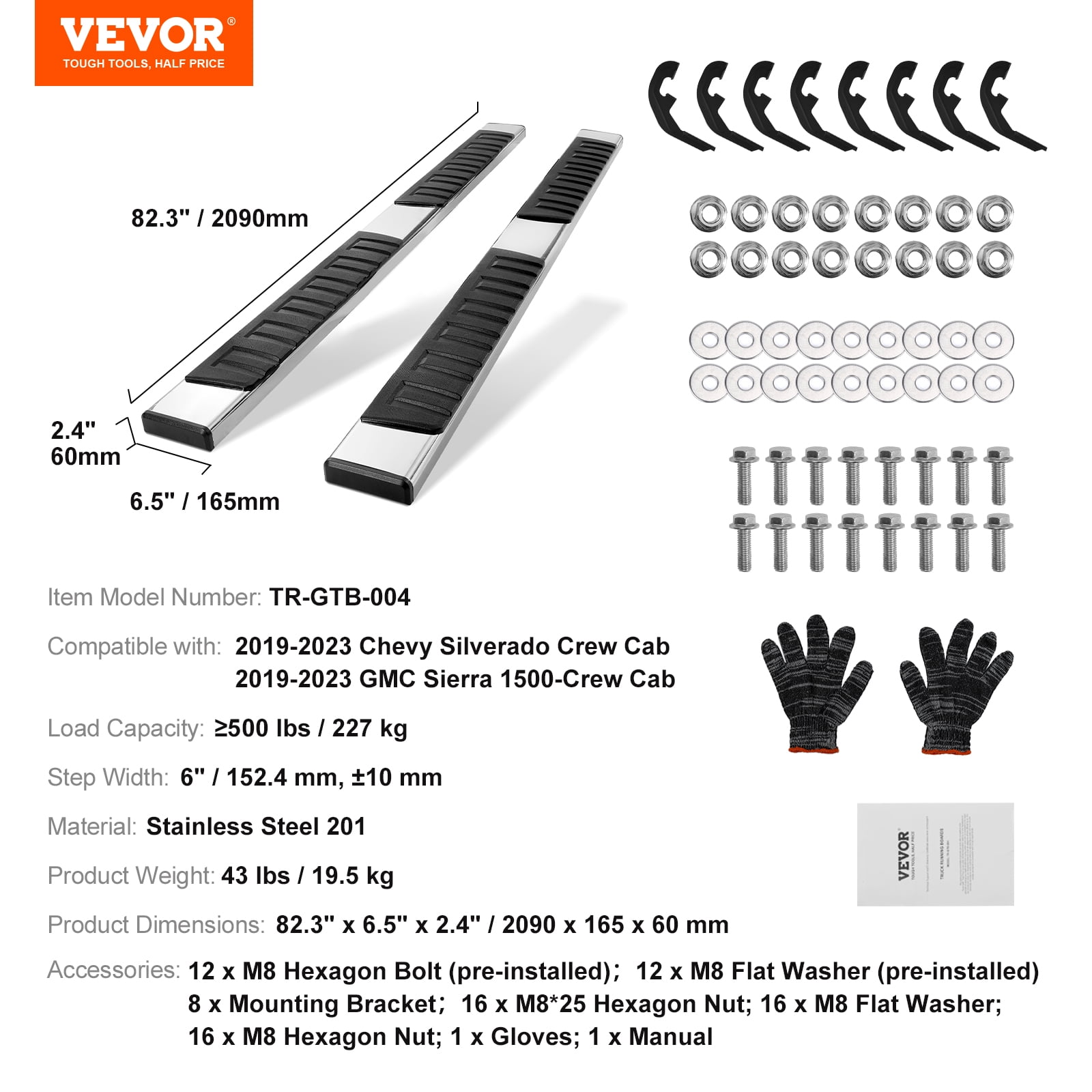 VEVOR Running Boards,6" Step Bars Compatible with 2019-2023 Chevy Silverado/GMC Sierra 1500/2020-2024 Silverado/Sierra 2500/3500HD Crew Cab,201 Stainless Steel Side Steps Nerf Bars,500LBS,2 Piece