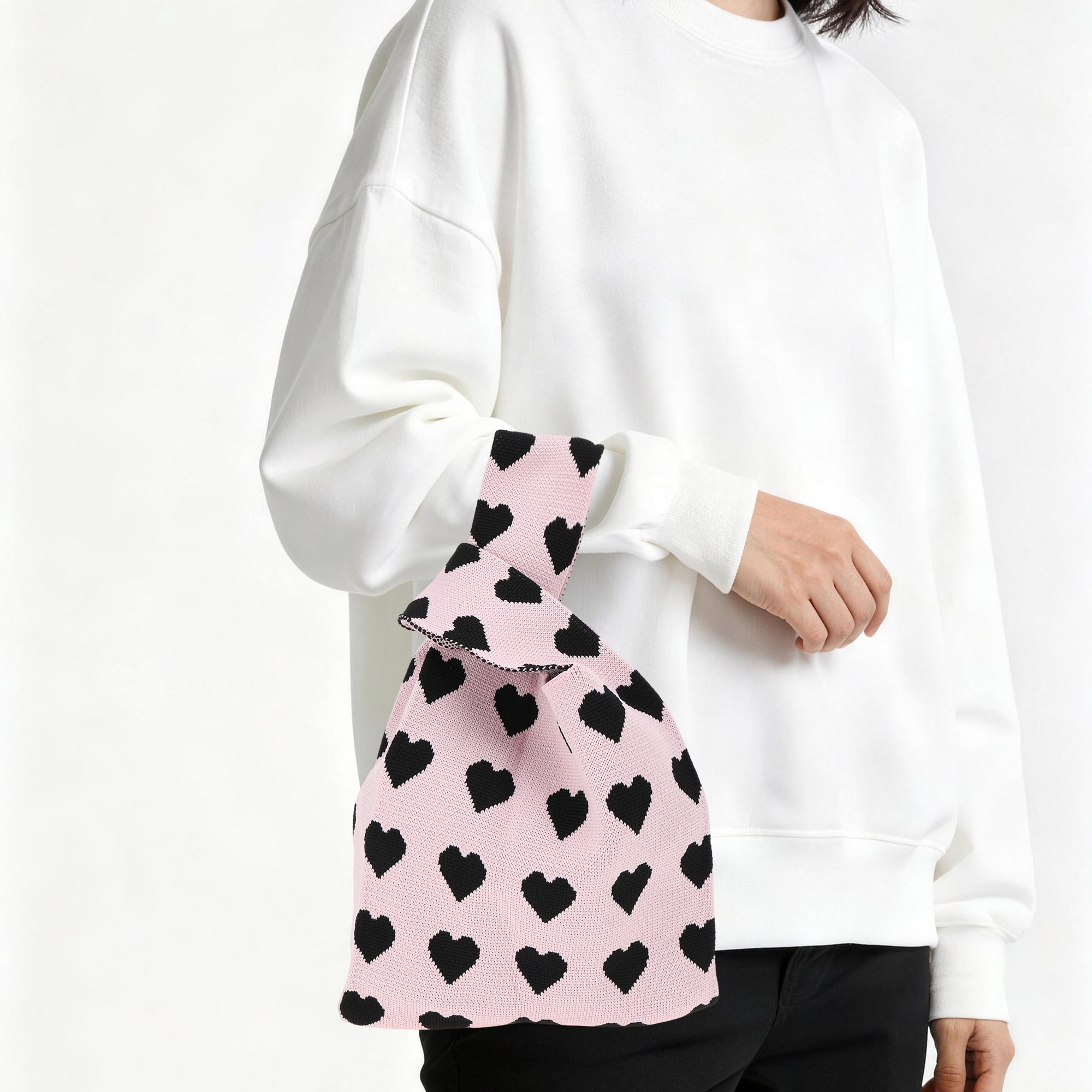 Unique Bargains Hearts Knitted Wrist Bag Black Pink 1 Pc