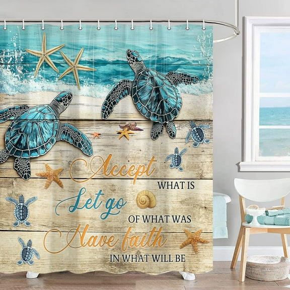 Beach Sea Turtle Shower Curtain, Rustic Wood Board Blue Ocean Theme Inspirational Quotes Bathroom Set, Summer Coastal Nautical Starfish Fabric Bath Curtain Decor with Hooks 69X70IN