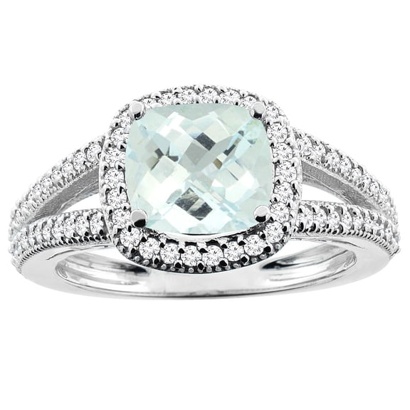 14K White Gold Natural Aquamarine Ring Cushion 7x7mm Diamond Accent 3/8 inch wide, size 6.5