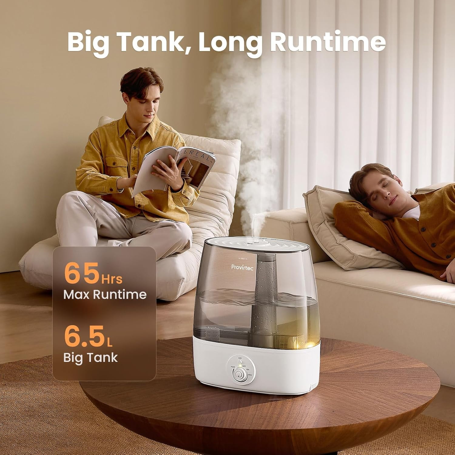 6.5L Stay Clean Humidifier for Large Room, Top Fill Design, Ultra Quiet 65H Runtime, Cool Mist Ultrasonic for Bedroom Home Plants