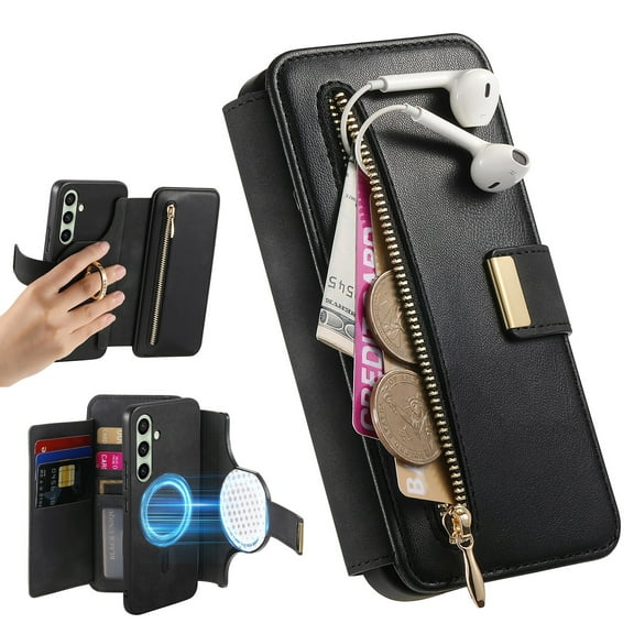 Dteck for Samsung Galaxy S24 FE 5G Wallet Case with Card Holder, RFID Blocking PU Leather Flip Cover Ring Holder Zipper Credit Card Slots, 2 in 1 Detachable Phone Case Compatible with MagSafe,Black
