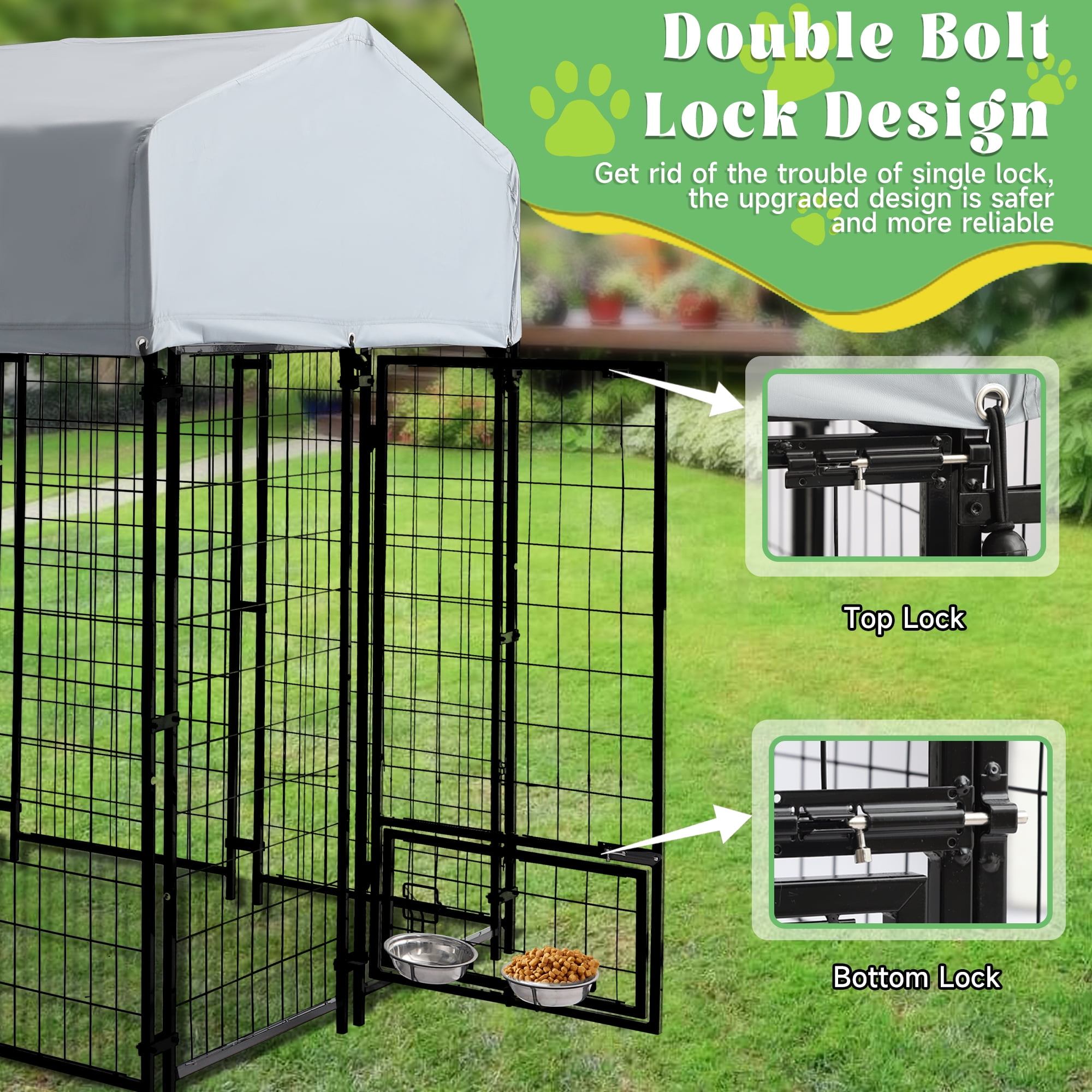 Haverchair Large Outdoor Dog Kennel, Heavy Duty Welded Wire Steel Dog Enclosure Playpen Crate with Waterproof UV-Resistant Roof Cover, Double Lock Dog Kennels Fence with Rotating Feeding Door Bowls