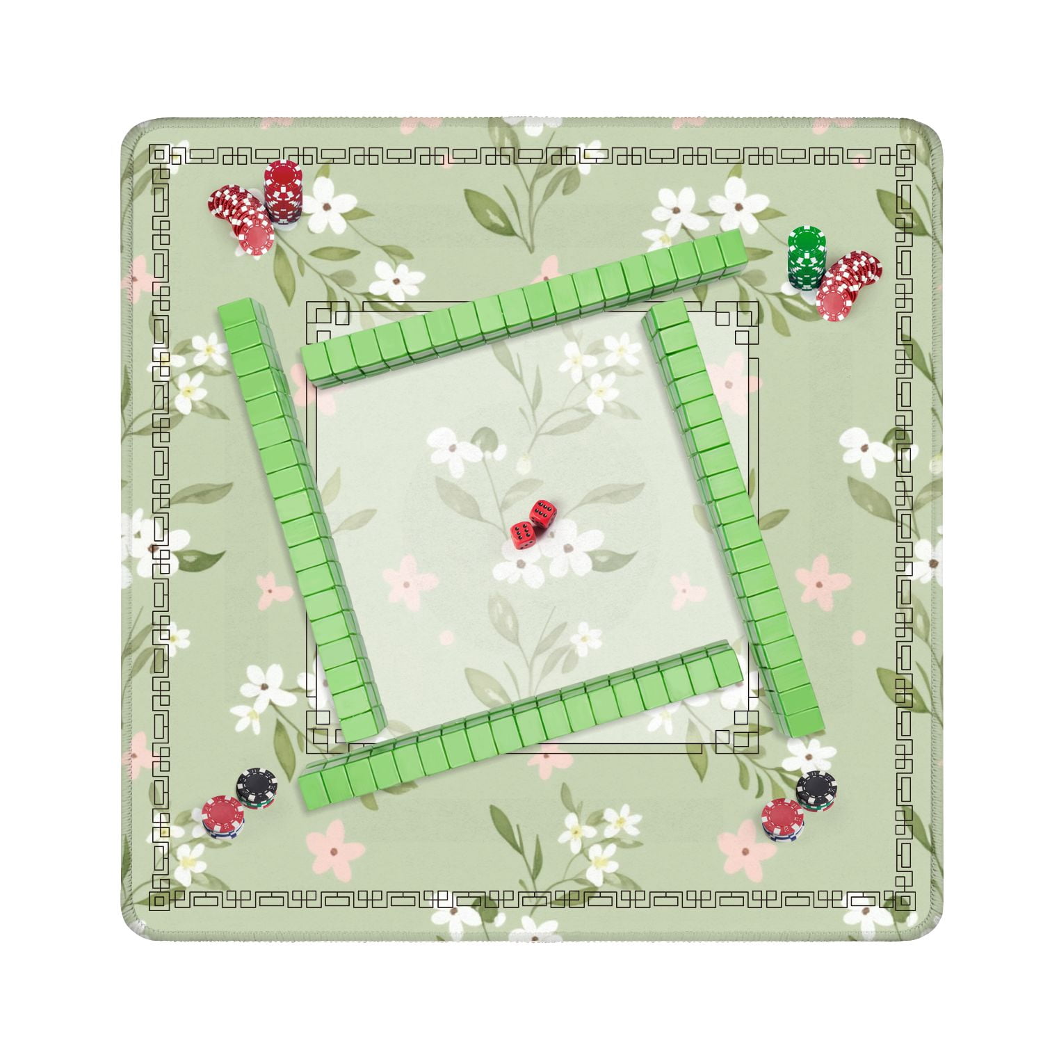 Mahjong Mat 31.5" x 31.5" Seamless Watercolor Floral White Blossoms Green Non-Slip Noise Reduction American Mahjong Tiles Table Cover for Dominoes Poker Card Board Games Gift