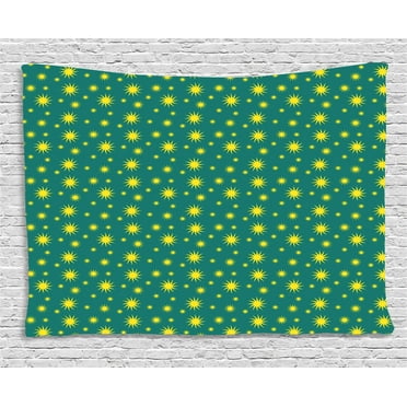 Yellow and Blue Tapestry, Ethnic Sun Motifs with Swirled Stripes Ornate Summer Season Pattern, Wall Hanging for Bedroom Living Room Dorm Decor, 60W X 40L Inches, Teal and Yellow, by Ambesonne