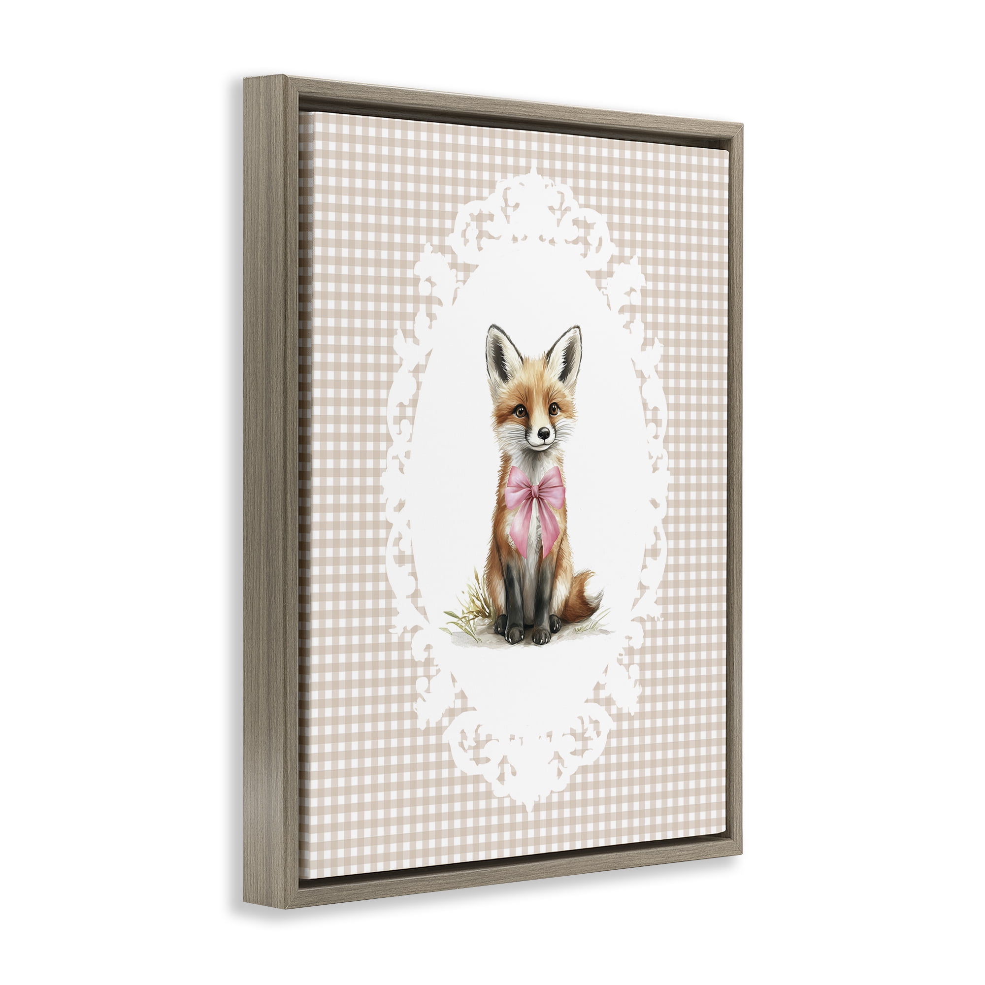 Stupell Industries Vintage Bow Fox on Gingham Brown Framed Floater Canvas Wall Art, design by Christine Simpson Art