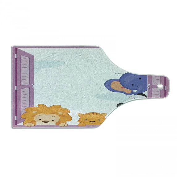 Zoo Cutting Board, Colorful Animals Peeping at Pink Window Cartoon Frame Cat Monkey Lion, Decorative Tempered Glass Cutting and Serving Board, Wine Bottle Shape, Multicolor, by Ambesonne