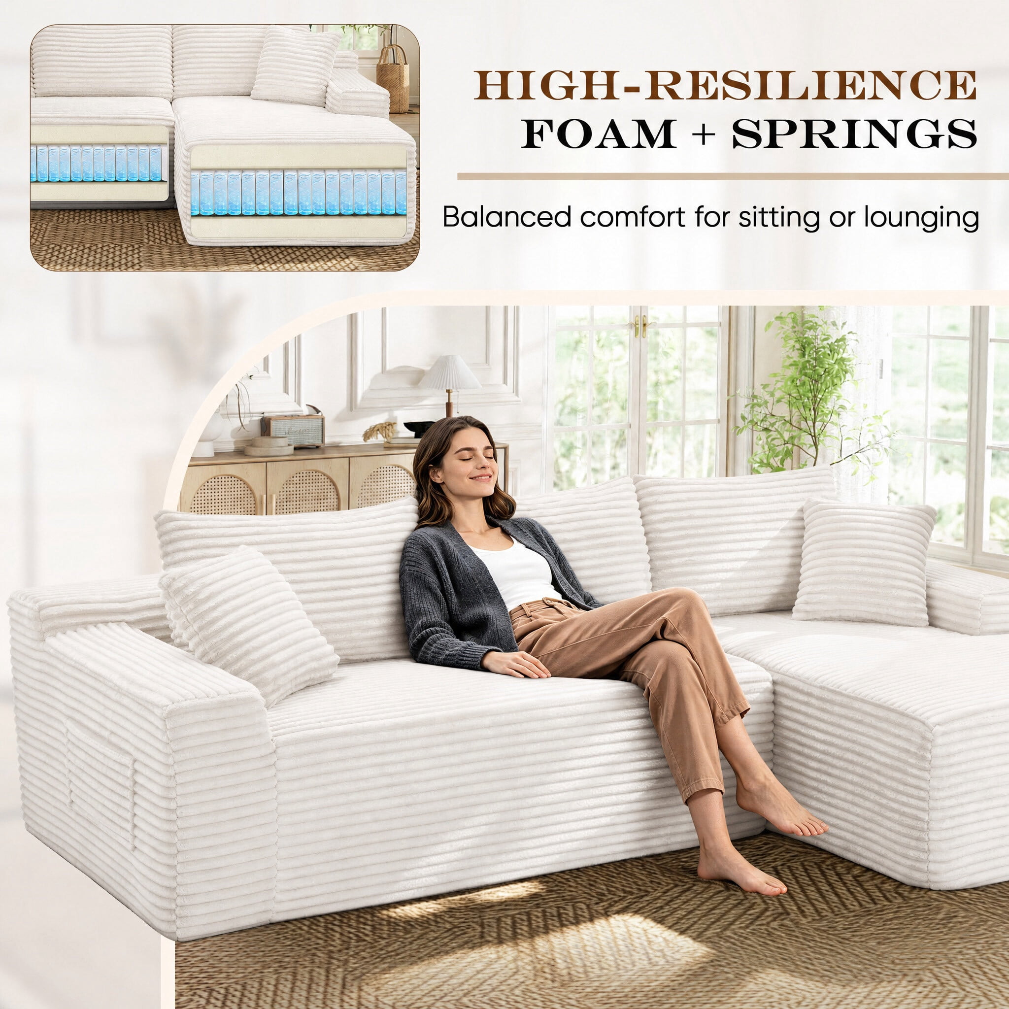 Lunale Small Modular Sectional Sofa with Movable Chaise, L-Shaped Boneless Cloud Couch for Living Room, Beige (Right Facing Chaise)