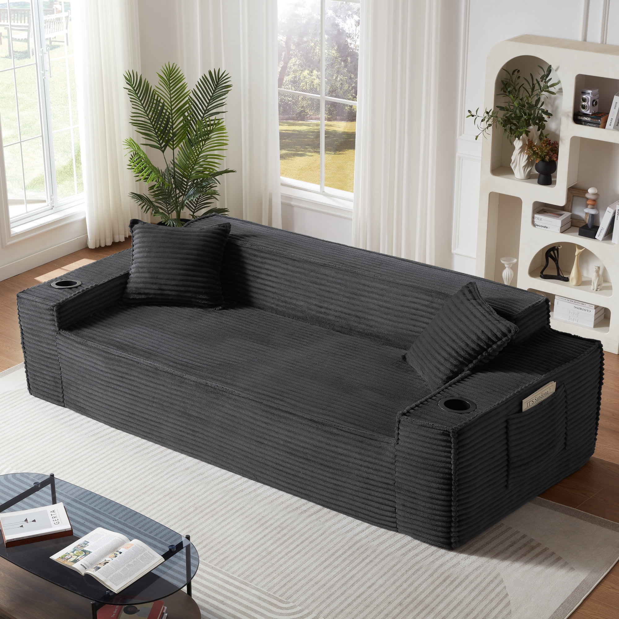 Leumius 3 Seater Cloud Sofa,Boneless Couch with Cupholders,Upholstered Corduroy Fabric Modern Loveseat with Deep Seats for Living Room Bedroom,No Assembly Needed,Dark Gray