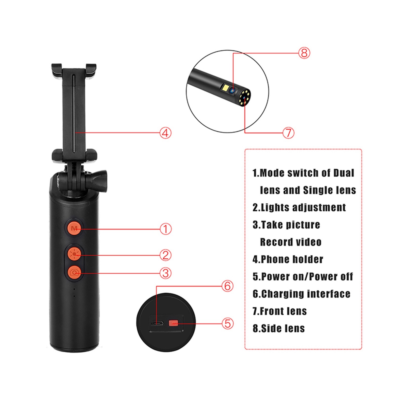 8MM Dual Lens Handheld Wifi Endoscope Camera IP68 Waterproof WiFi Borescope Inspection 2.0 MP HD Snake Camera ,Various Applicable