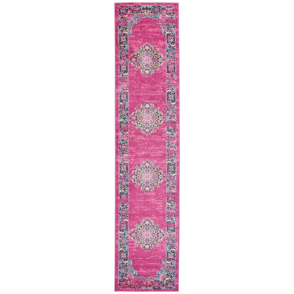 2â€™ x 10â€™ Fuchsia and Blue Distressed Runner Rug