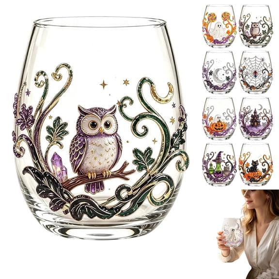 2D Halloween Glass Cups, Cute Coffee Glass Cups, Glassware Drinking Glasses, Stemless Drinking Glass with Spooky Designs, Clear Cups for Cocktails, Juices & Iced Coffee (A)