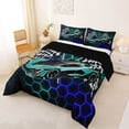 thumbnail image 2 of Erosebridal Speed Sports Car Queen Comforter Set for Kids Boys, Neon Teal Blue Honeycomb Bedding Comforter Set, Black Reversible, 1 Comforter and 2 Pillowcases, 2 of 6