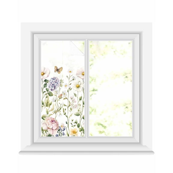 Window Privacy Film White Spring Floral Stained Glass Window Film Decorative Sun Block Window Cover Pastoral Flower Watercolor Window Clings Static Adhesive Sticker for Bathroom 19.6"x39.3"