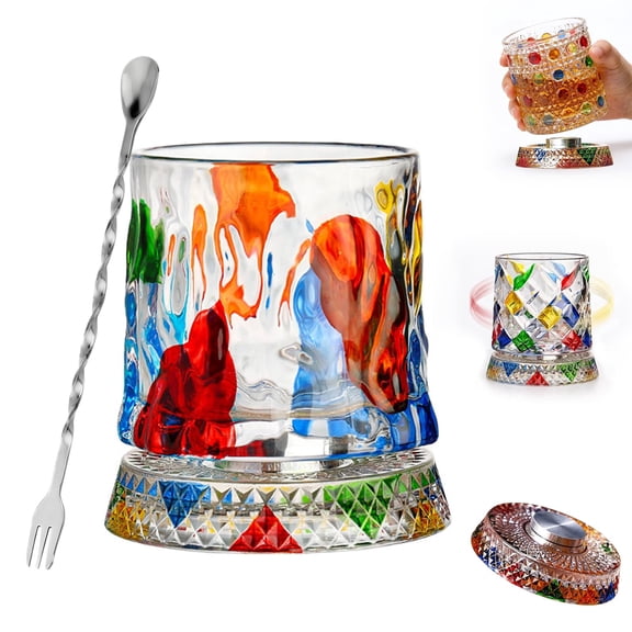 Hand-Painted Embossed Spinning Whiskey Glass | Old Fashioned Crystal Glass with 360° Rotating Base, Colorful Scotch Bourbon Cocktail Glass