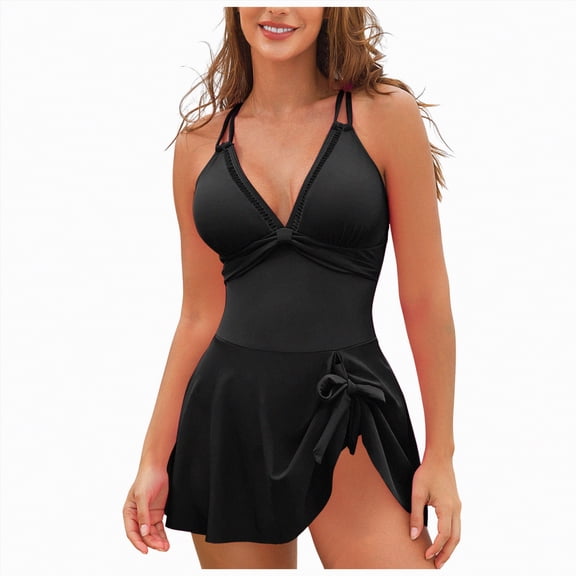 mgoYE One Shoulder One Piece Swimsuit Women Tummy Control Bathing Suit with Skirt Tie Knot Cute Scalloped Swimdress(Black,XL)