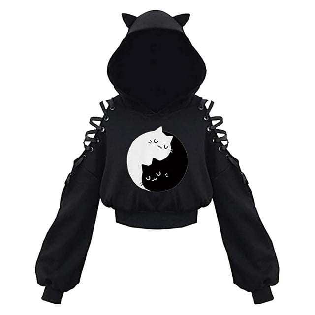 ITFABS Femmes Impression Bandage Manches Longues Exposé Sweat-Shirt à Capuche Nombril