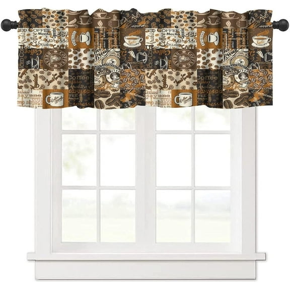 Brown Coffee Valance Curtains Retro Farmhouse Cafe Beans Simple Abstract Coffee Cups Design Rod Pocket Curtain Valance for Kitchen Bedroom Living Room Decor 1 Panel W54xL18 Inch