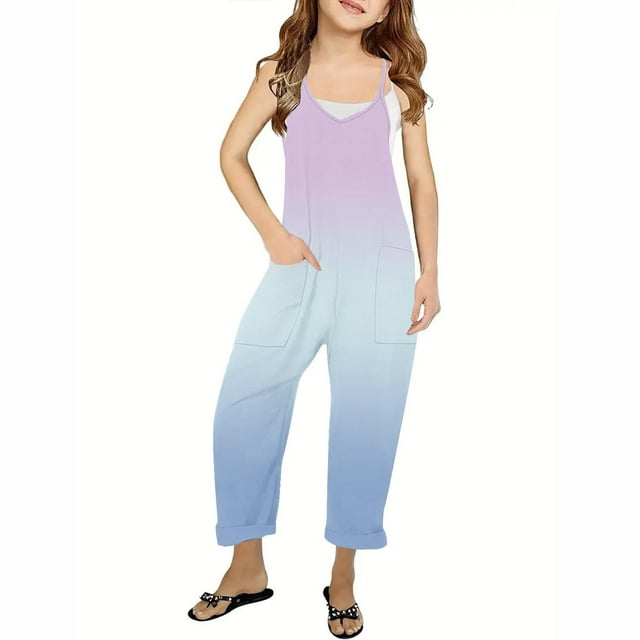 RXIRUCGD Girls Casual Jumpsuits Gradient Print Sleeveless Summer Rompers Long Pants With Pockets For 5-14 Years( Purple, Size:11 Years )