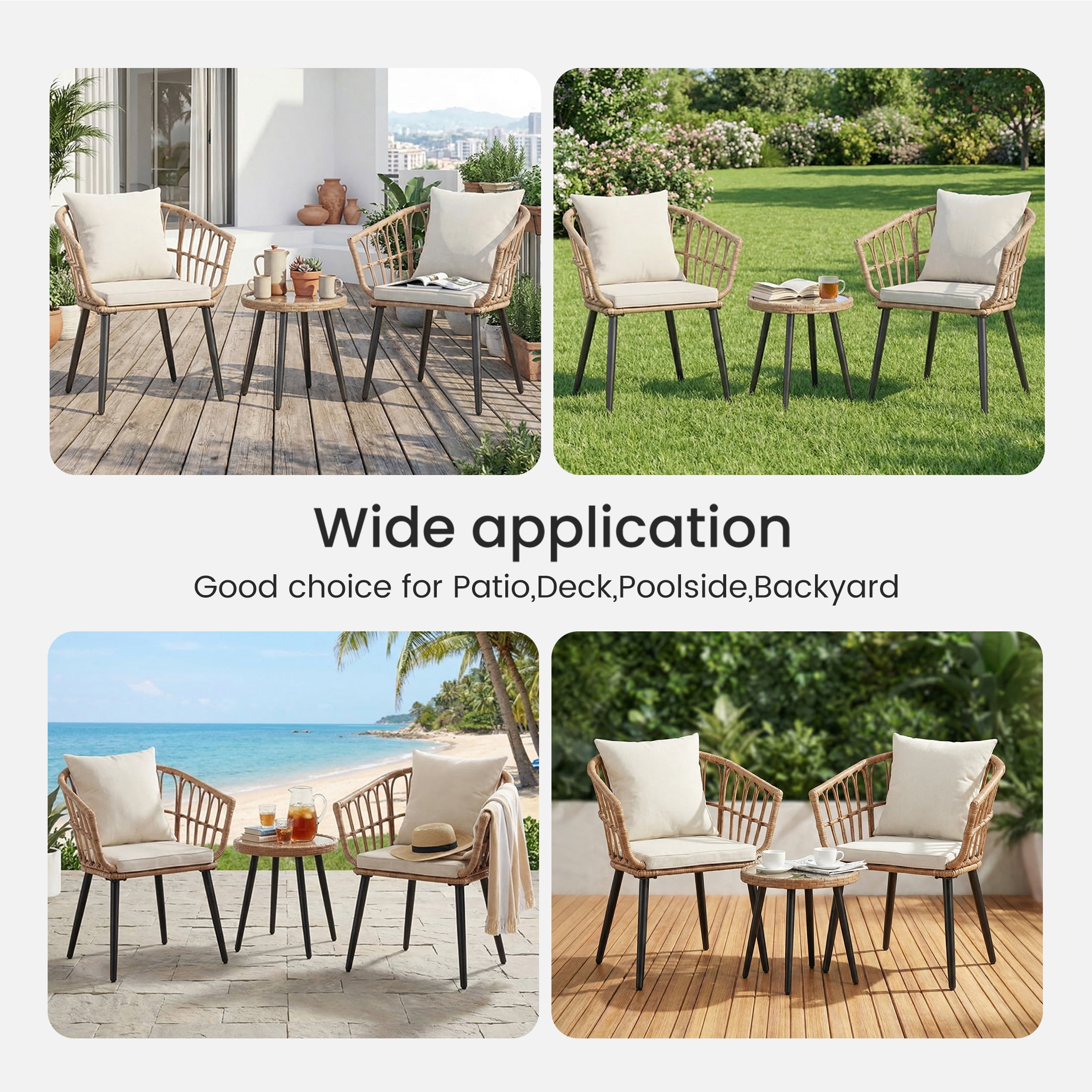 EDX 3 Piece Outdoor Patio Wicker Furniture Set, Rattan Chairs with Tempered Glass Coffee Table, Sturdy Steel Frame, Washable Cushions, for Balcony Backyard Poolside Lawn,Beige