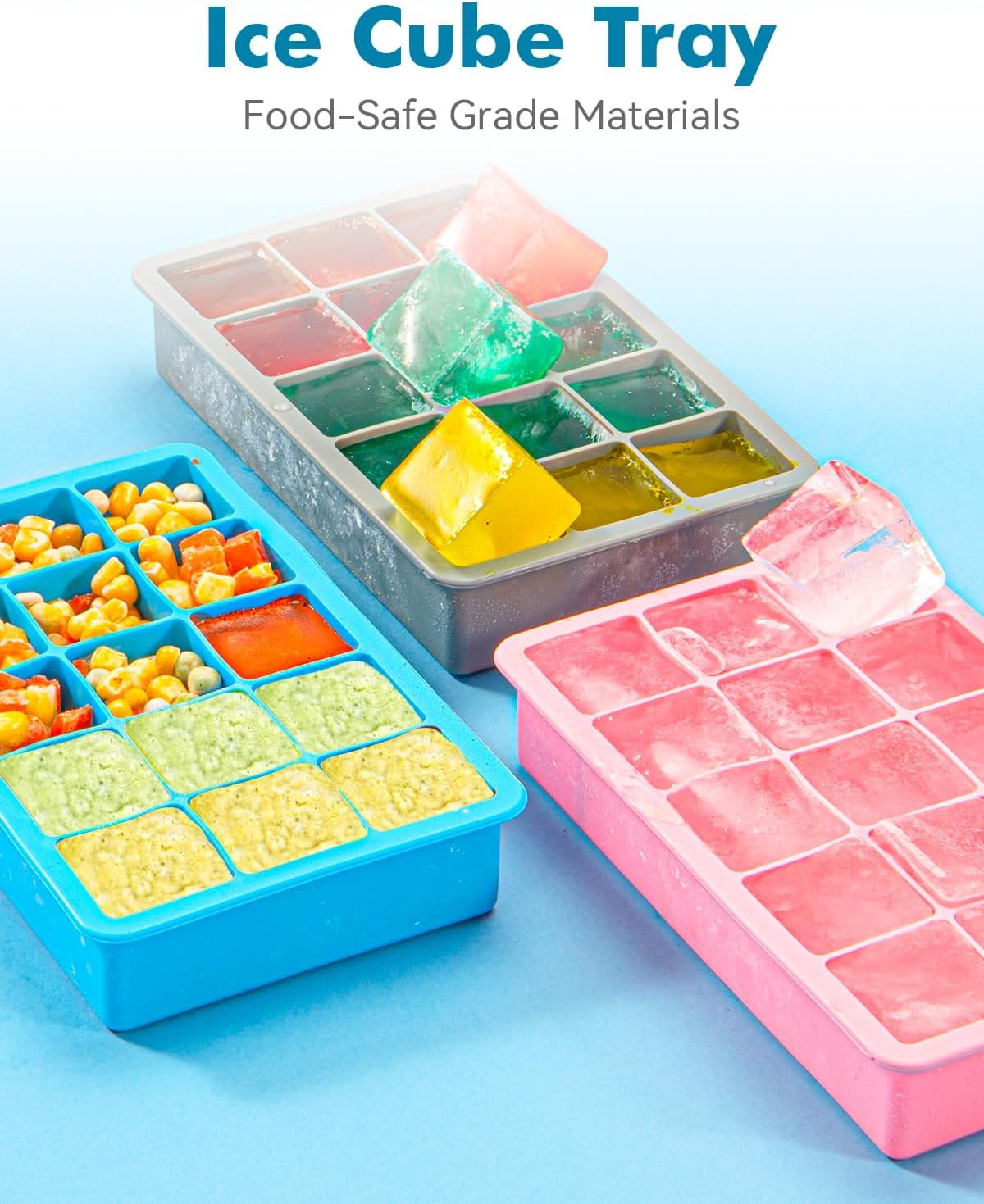2-Pack Silicone Ice Cube Trays – 1.25" Square, 30 Cubes (15 per Tray), Easy-Release – BPA-Free – For Freezer/Cocktail/Whiskey – 5 Colors