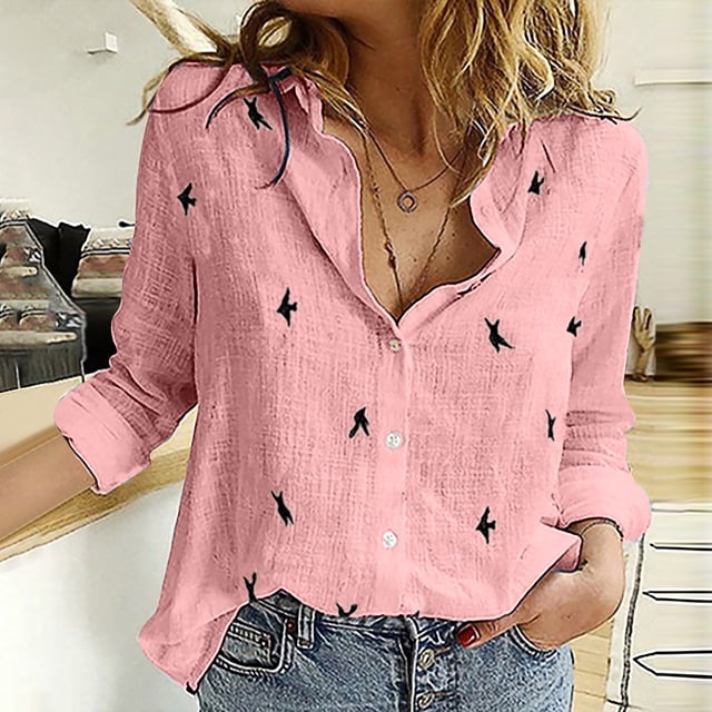 CEHVOM Mode Femmes Boutons Imprimé Oiseau Col à Revers Manches Longues T-shirts Blouse Tops