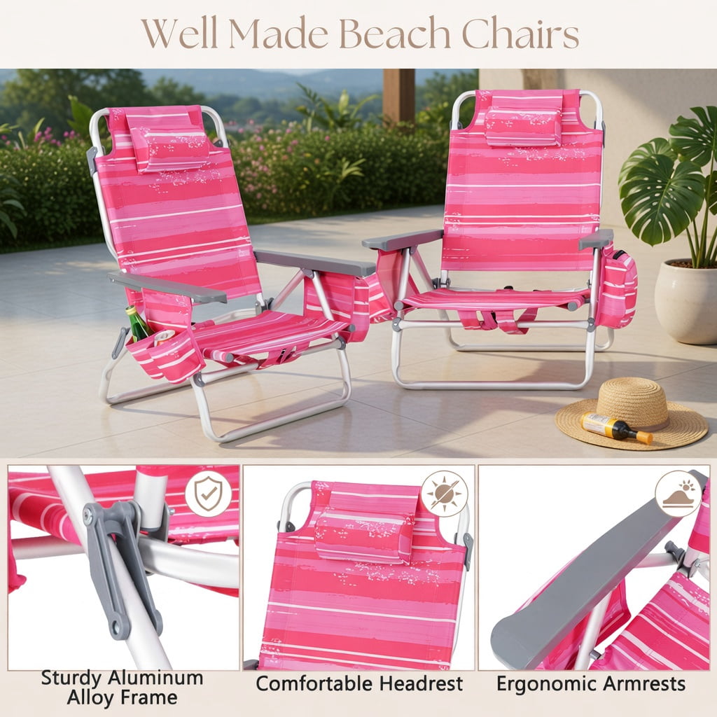Hommoo 2-Pack Foldable Beach Chair with Adjustable Backrest, Head Pillow & Carry Bag, Hot Pink