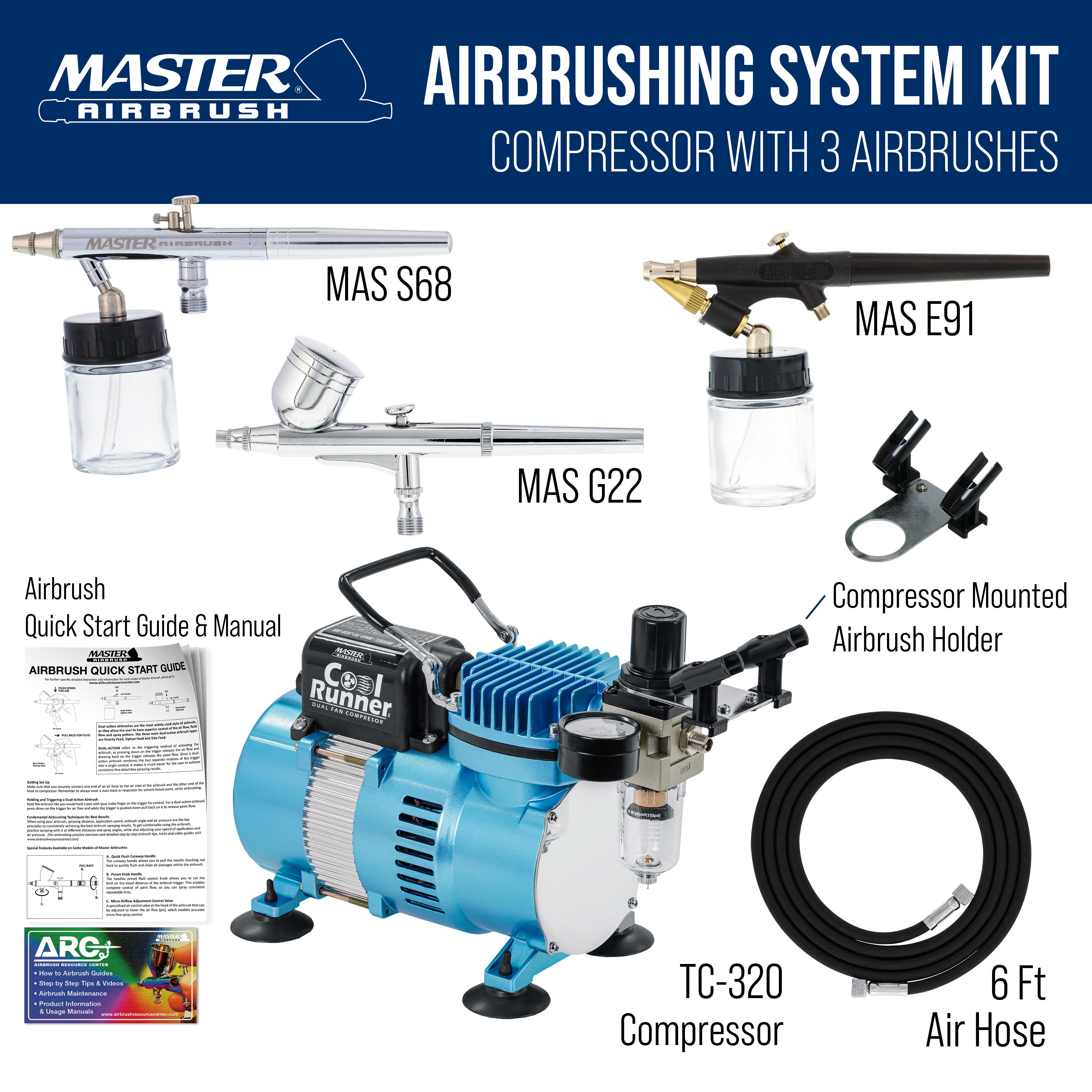 Master Airbrush Cool Runner II Dual Fan Air Compressor Professional Airbrushing System Kit with 3 Airbrush Sets, 0.3mm Gravity & 0.35, 0.8mm Siphon Feed - Hose Holder, How To Airbrush Learning Guide