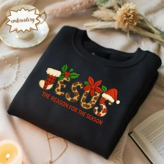 Jesus Embroidered Shirt Christmas Gift for Her, Jesus The Reason For The Season Embroidery, Christian Embroidered T-Shirt, Jesus Stitch Top