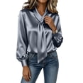 thumbnail image 5 of Zivyakyron Casual Blouse for Women Long Sleeve Satin Tie Neck Fall Loose Women Tops Elegant Plain Gray M, 5 of 10