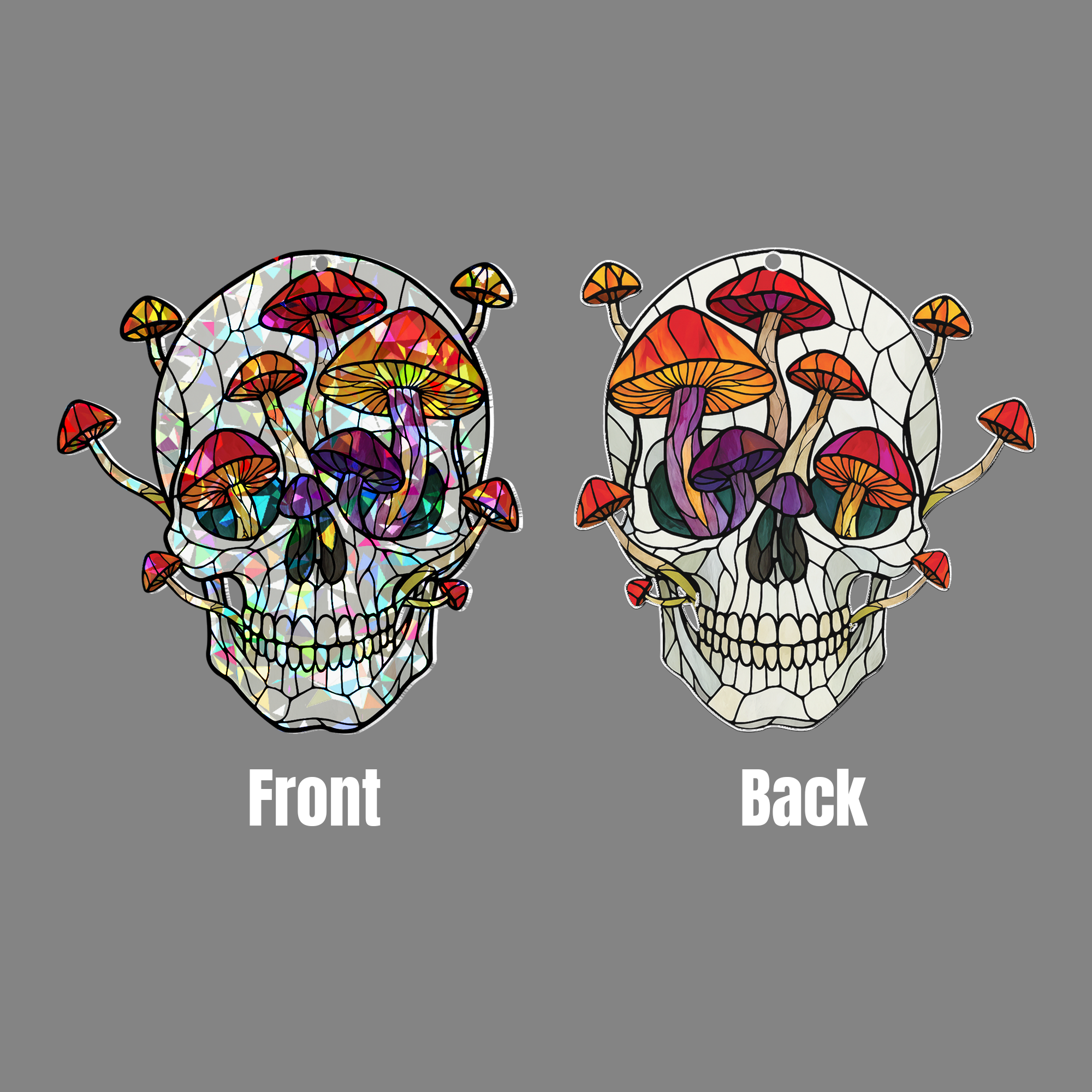 Lotusprinthandmade Skull with Mushroom Graphic Custom Shape Broken Glass Hologram Ornament 8in, holographic mushroom skull window hanging