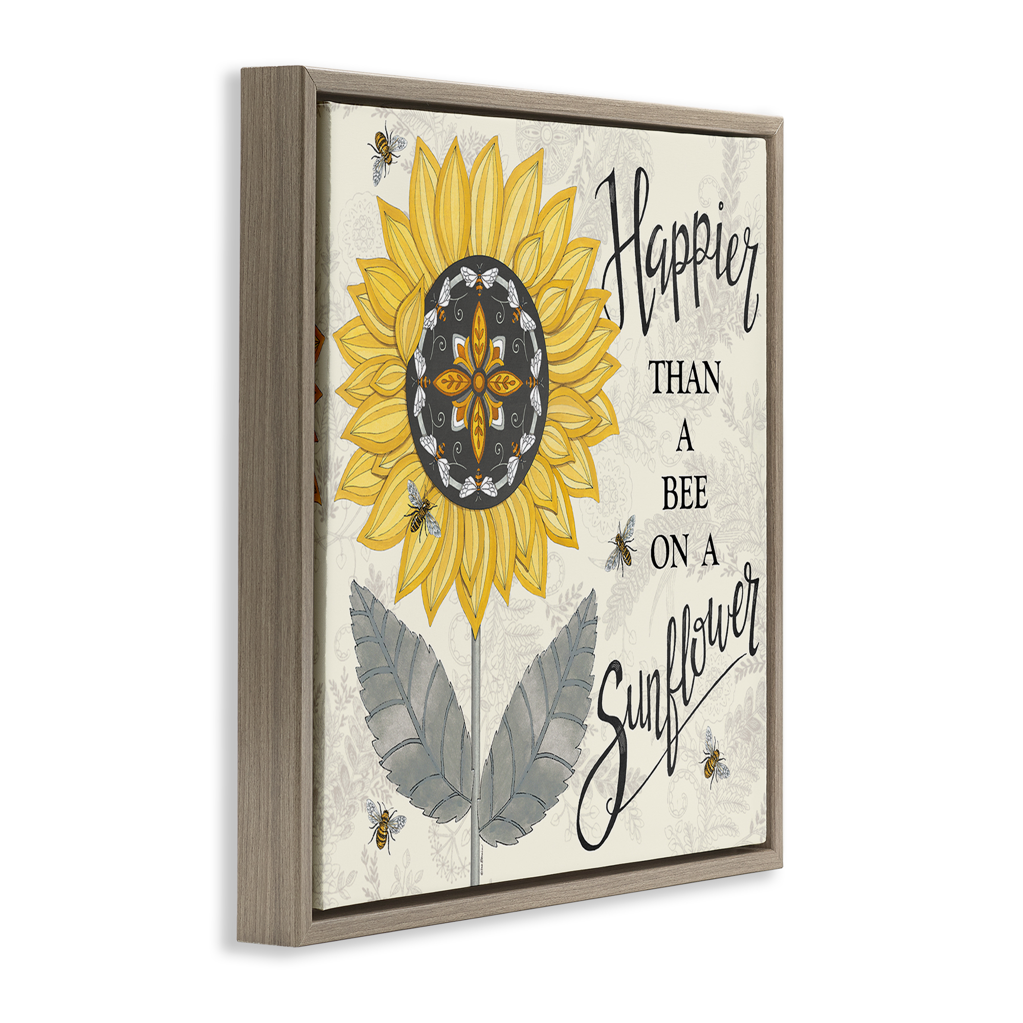 Stupell Industries Happier Than Bee & Sunflower Plants & Flowers Painting Brown Floater Framed Canvas Art Print Wall Art, 18 x 18