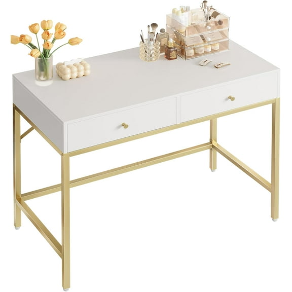 MY  31.5" White and Gold Desk with 2 Drawers, Modern Vanity Desk, Small Makeup Table for Home Office Writing Study Bedroom
