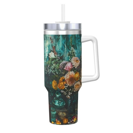 

Uemuo Baroque Floral Still Life Print 40oz Ice Bully With Handle And Straw Stainless Steel Vacuum Insulated Cup And 2 In 1 Straw Lid Insulated Travel Tumbler
