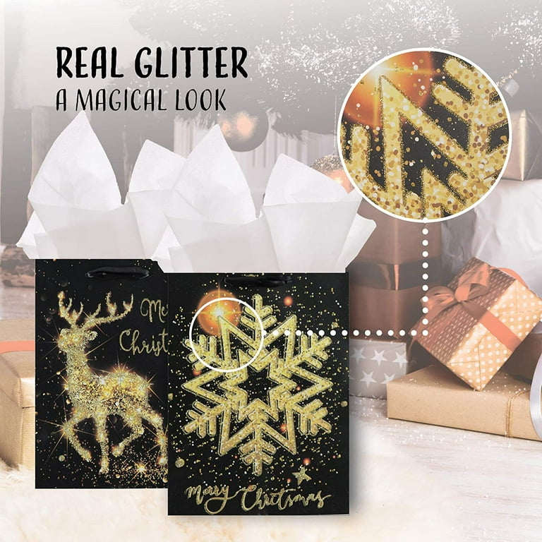 Premium Elegant Christmas Bags Black and gold glittered Assorted Set of 12 with 6 Medium Bags and 6 Large gift Bags in 4 classy Designs