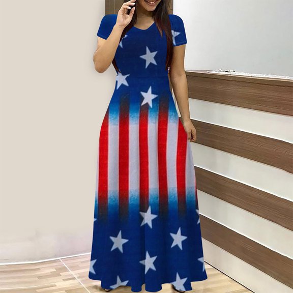 Axiiglly Summer Dresses for Women 4th of July Maxi Dresses Flag Print Casual Dresses Independence Day Long Dresses Patriotic Flowy Dresses with Pockets