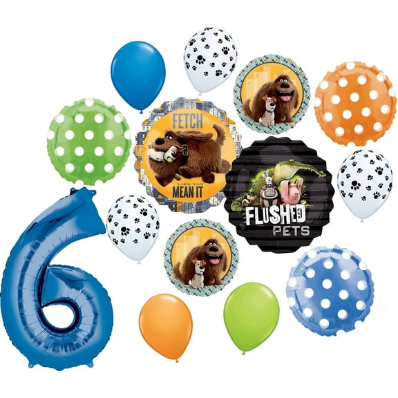 Secret Life of Pets Party Supplies 6th Birthday Max and Duke Balloon Bouquet Decorations Blue Number 6