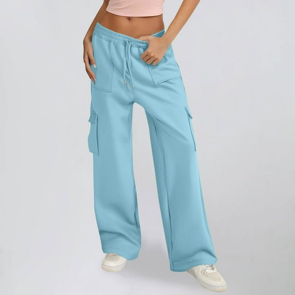 SYMOID Womens Wide Leg Cargo Pants with Elastic Drawstring Waist, Multiple Pockets, 100% Polyester, Casual Comfort, Sky Blue,Size S