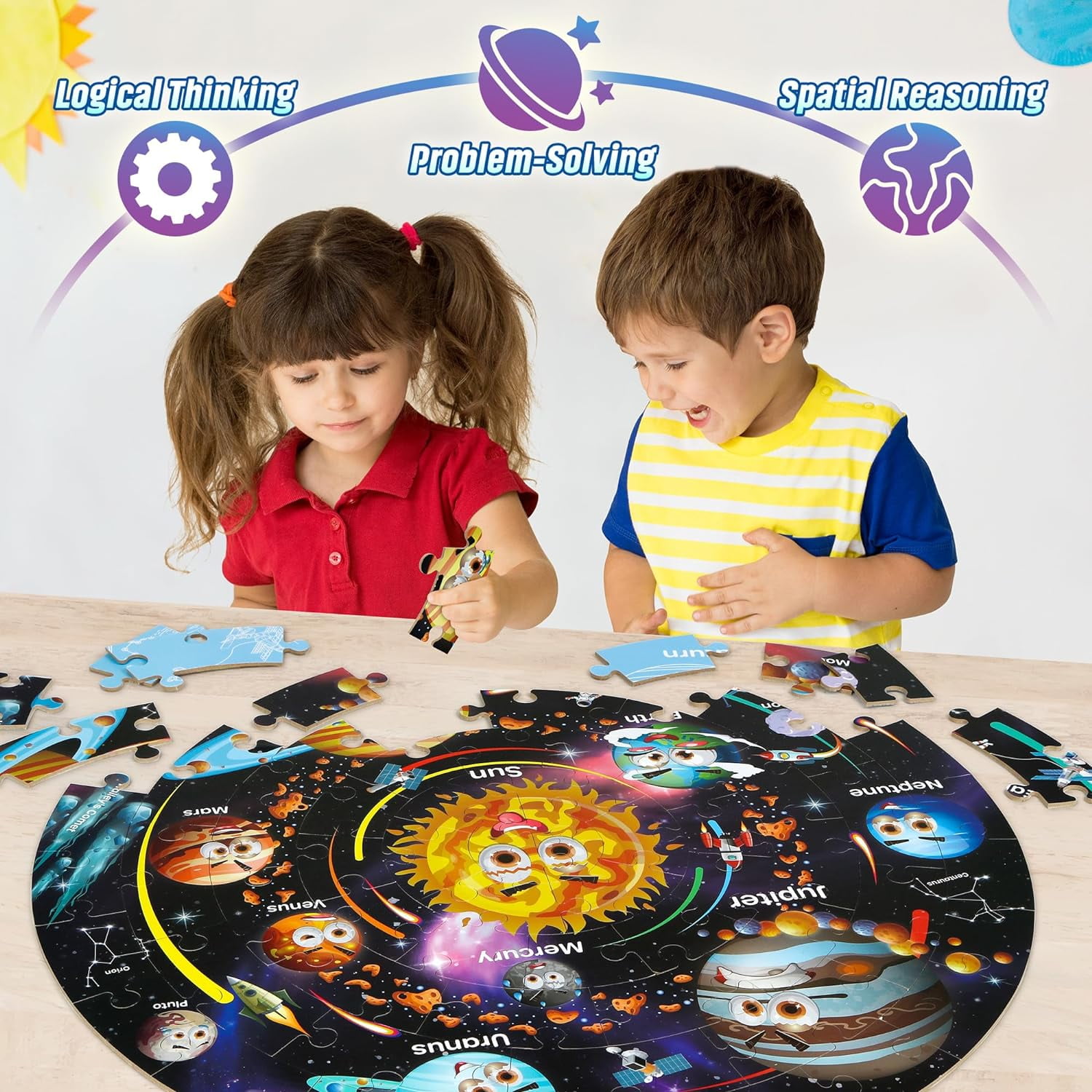 SYNARRY Solar System Floor Puzzle for Kids Age 3-8, 70-Piece Large Wooden Jigsaw Puzzle Set, FSC Certified Educational Puzzles
