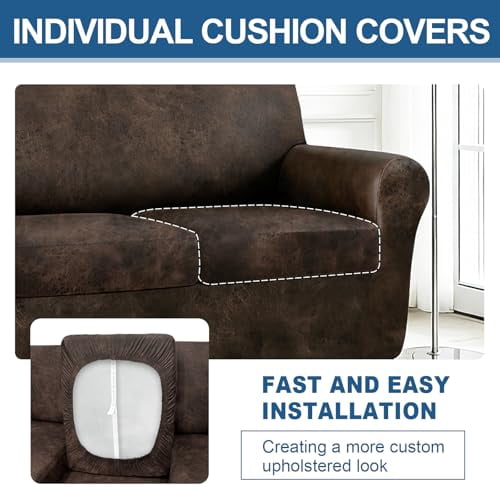 3-Piece Stretch Faux Leather Slipcover for 2-Cushion Loveseat, Heavy Duty Pet Proof Furniture Protector, Non-Slip Sofa Cover with Leather Look, Brown