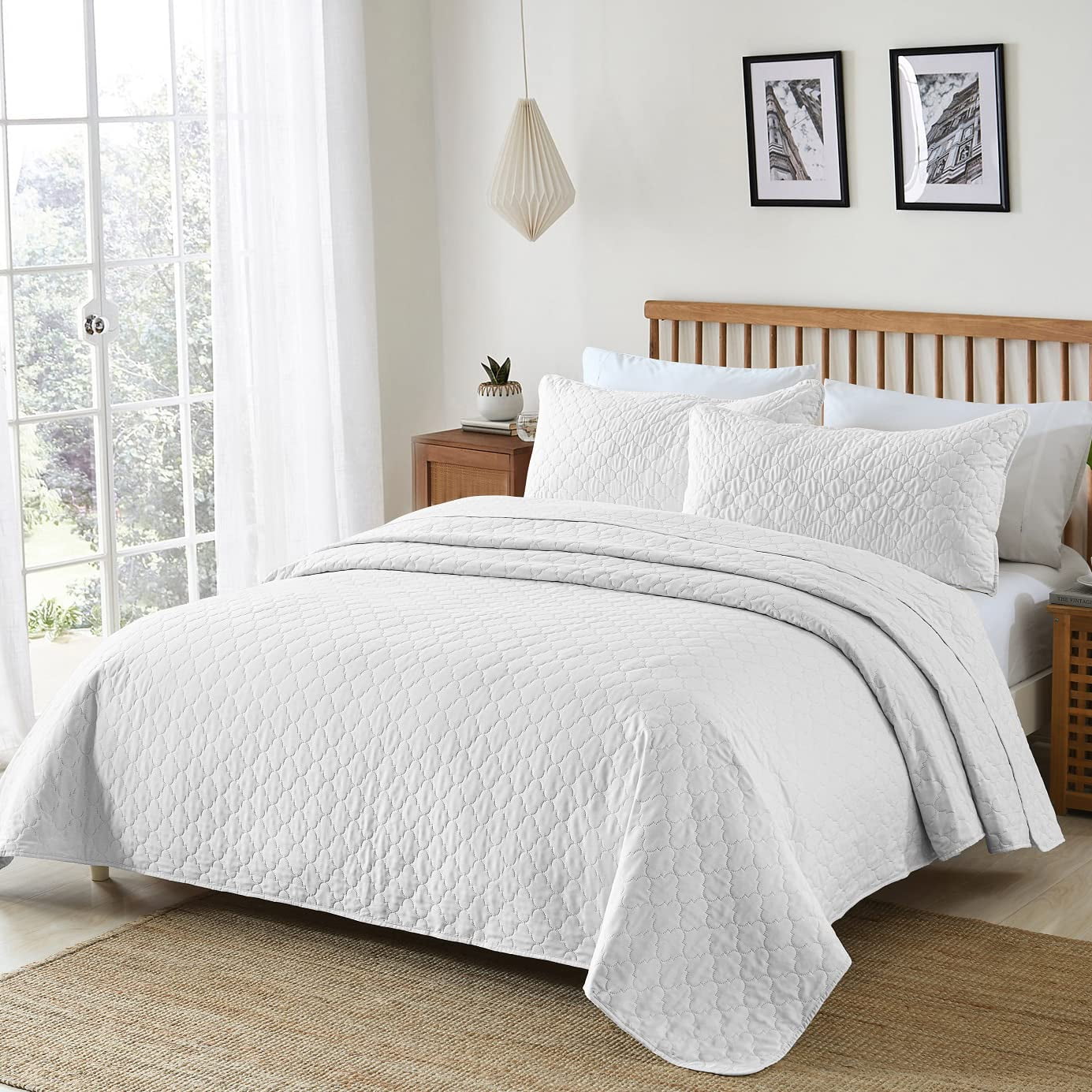 Greagle Ultrasonic Reversible King Size Quilt Set, White Velvet, Soft & Warm, 3-Piece Bedding Set