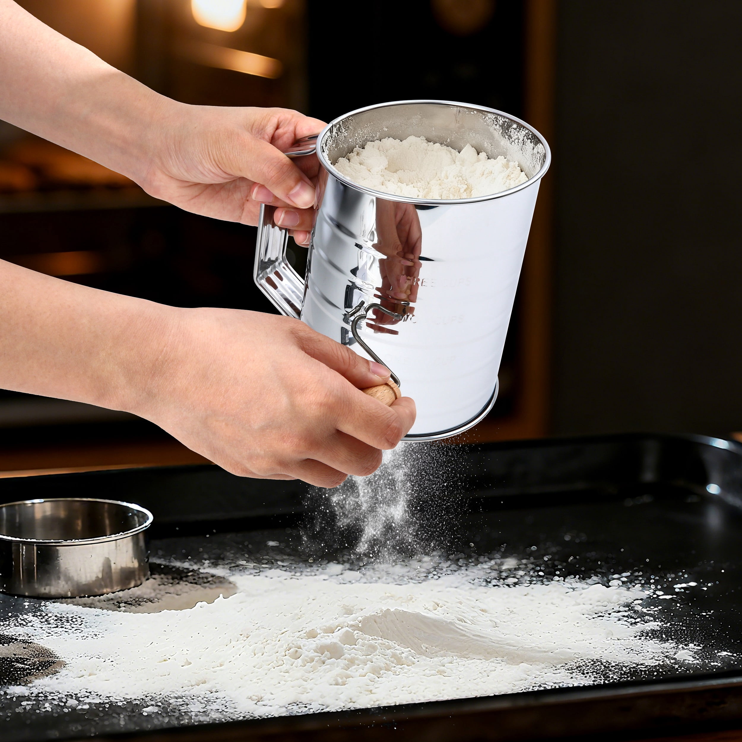 Mainstays 3 Cup Hand Crank Flour Sifter, Stainless Steel with Beechwood Handle, Silver